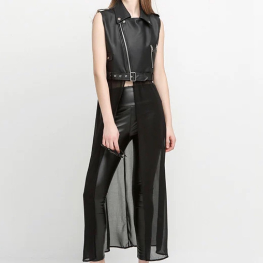 NWT- HDY Haoduoyi Solid Patchwork Chiffon Sleeveless Long Jacket Casual